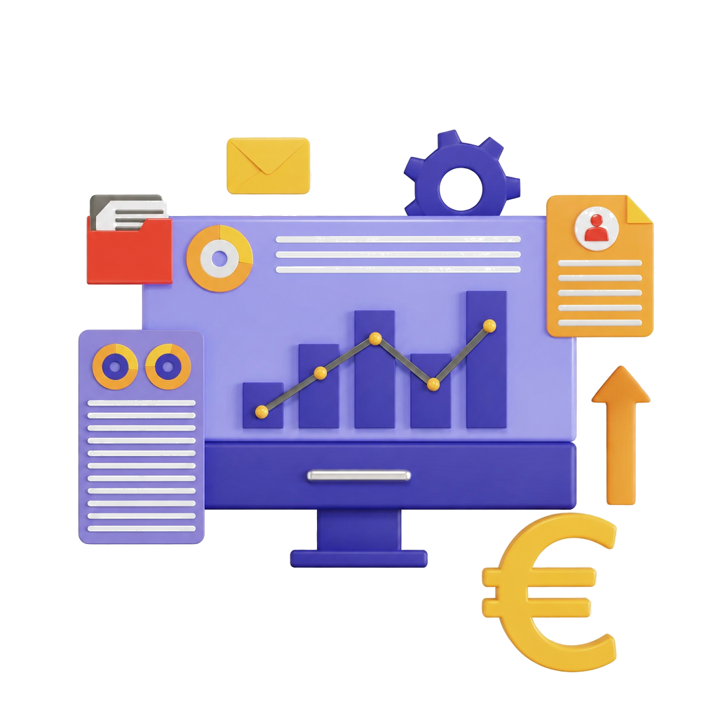 Mockup de crecimiento: panel de gestión con métricas, automatización y más conversión